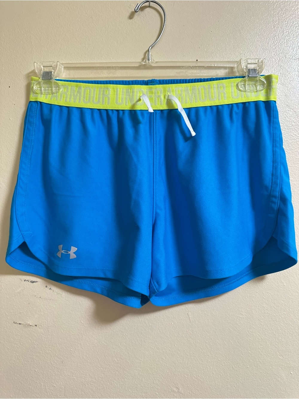 Under Armour Women's Blue Performance Shorts with Neon Yellow Waistband Medium